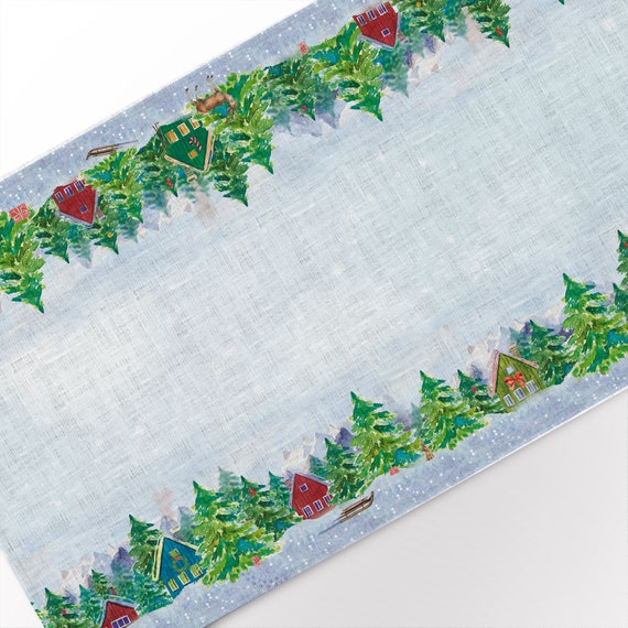 Table runner, Forester's Hut, Christmas decorations, custom size, Christmas gift, table topper, Holiday decor, Christmas print, 100% linen