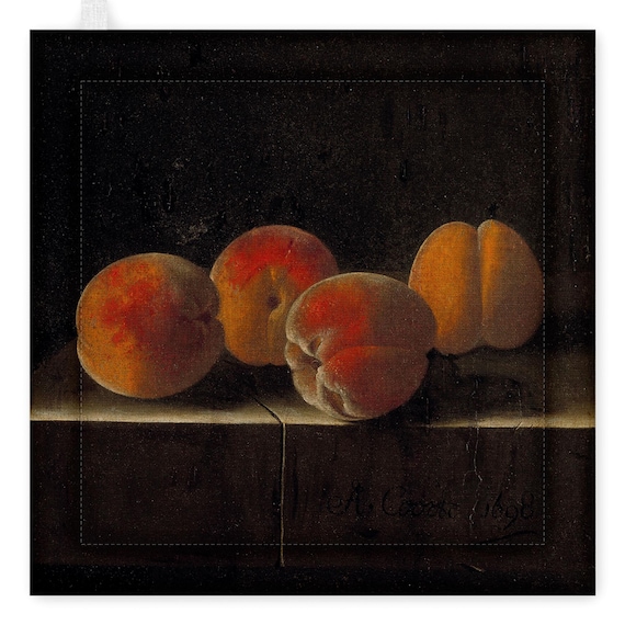Pot Holder, linen pot holder, Four Apricots on a Stone Plinth and Wild Strawberries