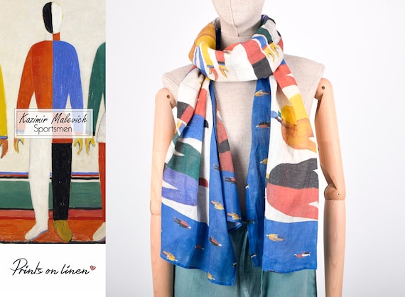 Malevich linen Scarf,  Sportsmen, Linen scarf, Futuristic design, gift idea, Malevich print, Malevich art, Kazimir Malevich