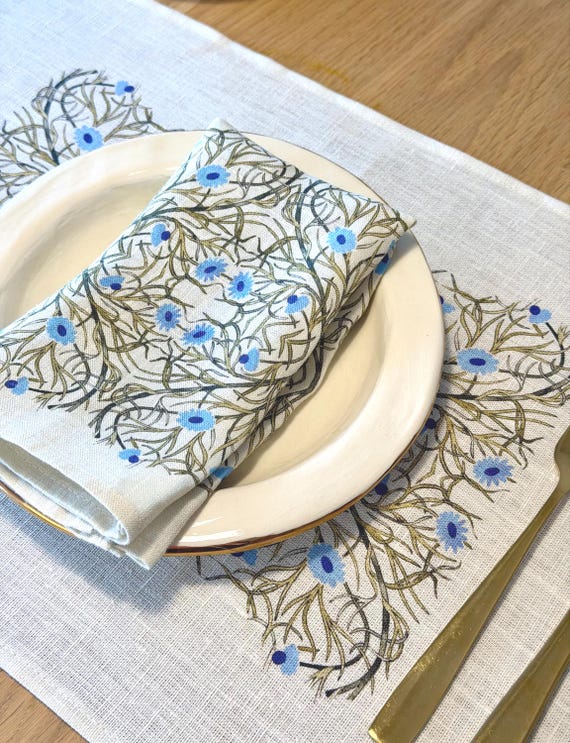 William De Morgan Linen Napkins Set, Blue Edition, Vintage Table Decor, 100% Linen