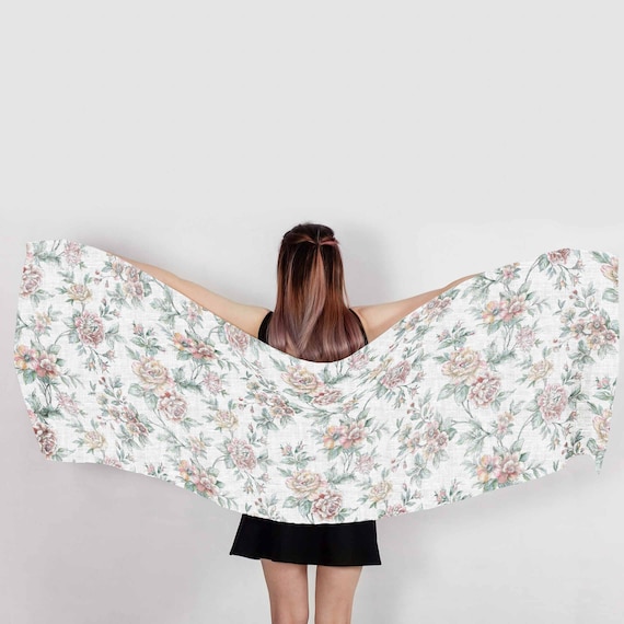 Linen Scarf, Blooming Peonies, Elegant Artistry for Timeless Style, toile de Jouy, 100% linen