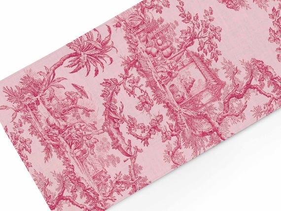 Pink Toile de Jouy Linen Table Runner, French Country Decor