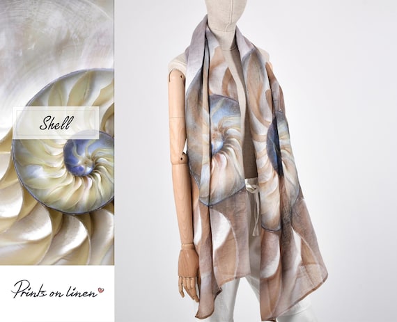 Scarf, linen scarf, shell print, boho scarf, gift idea for her, natural scarf, maxi scarf, linen shawl, vintage scarf, hand made scarf