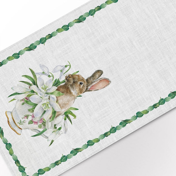 Easter Bunny Linen Table Runner, Spring Table Decor