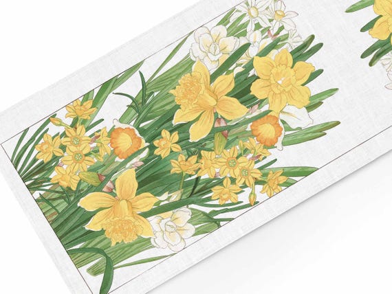 Table runner, Daffodil, Tanigami Kônan, Narcissus, 100% linen