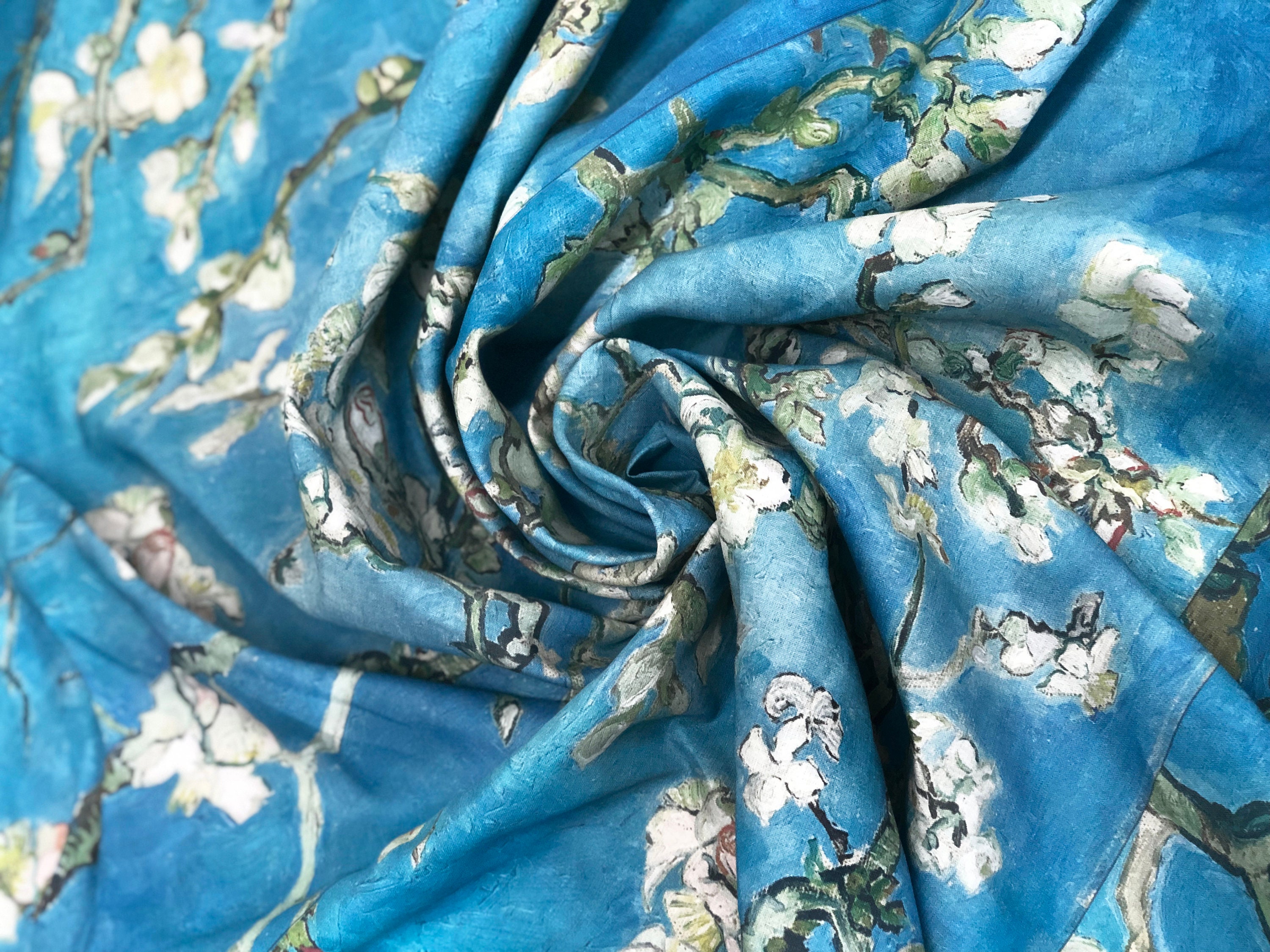 Van Gogh, Linen fabric, Sky Blue, Fabric by yard, fabric by meters, 100