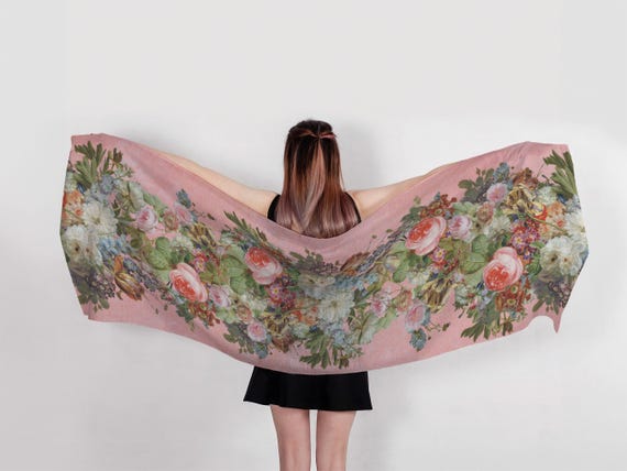 Floral Linen Scarf, Gerard van Spaendonck Still Life, Vintage Style, Pink Edition