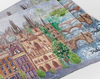 Set di tovagliette in lino di Praga, stampe artistiche della Repubblica Ceca