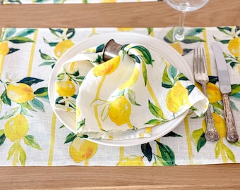 Tuscan Lemon Linen Napkins Set, Watercolor Citrus Print