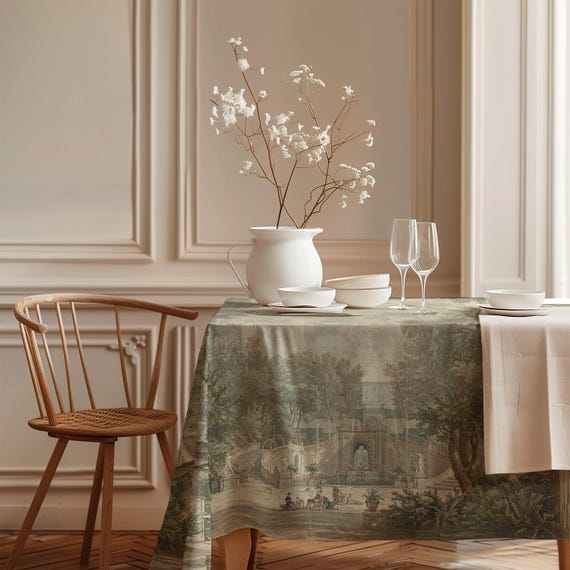 Linen Tablecloth, Villa d’Este Garden Print, Vintage Design, 100% linen