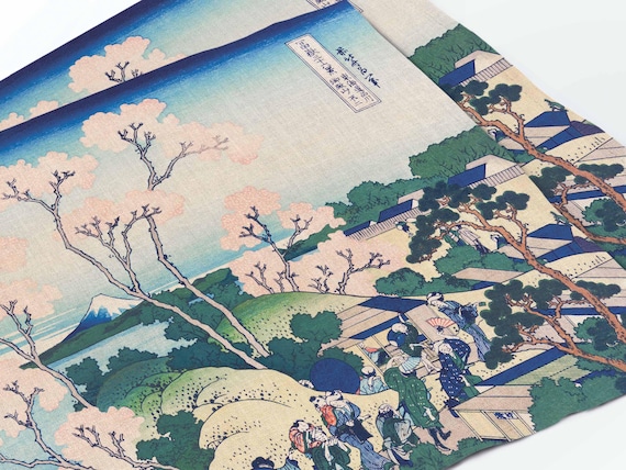 Placemats set, Cherry Blossoms & Mount Fuji, Katsushika Hokusai, fabric placemats, 100% linen