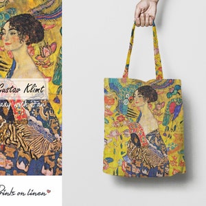 Tote bag, Gustav Klimt, Lady with Fan, linen tote, linen bag, 100% linen fabric
