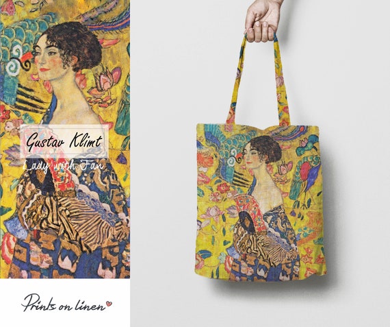 Tote bag, Gustav Klimt, Lady with Fan, linen tote, tote bag canvas, linen bag, 100% linen fabric