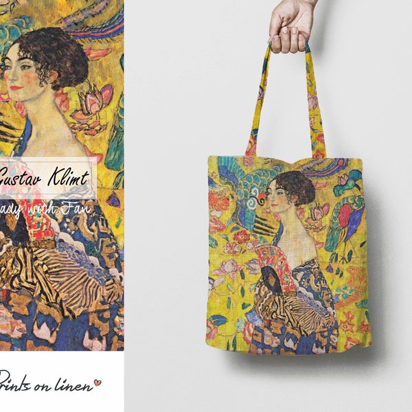 Sac fourre-tout, Gustav Klimt, Dame au ventilateur, fourre-tout en lin, sac en lin, tissu 100% lin