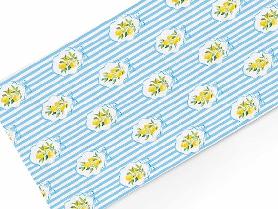 Table runner, Summer Lemons & Blue Stripes, 100% linen, linen table runner