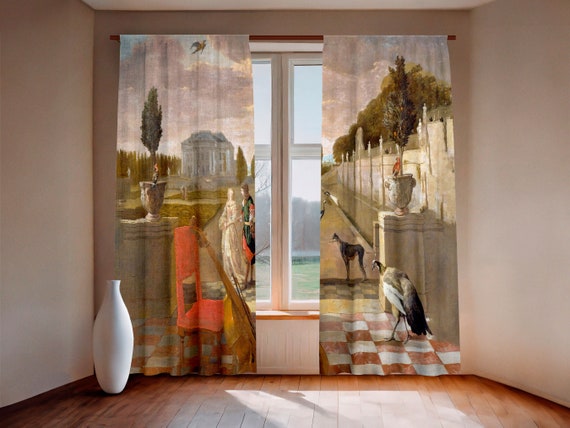 Curtains set, Park with Country House, Jan Weenix, linen curtains, 100% linen, rod pocket, window curtains