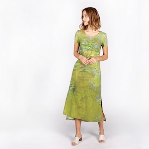 Leinenkleid, Claude Monet, Seerose, Midi Leinenkleid, Matcha Kleid, Leinenfrauenkleid, klassisches Kleid