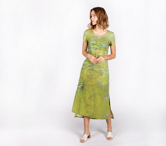 Linen dress, Claude Monet, Water Lily, Midi linen dress, Matcha dress, Linen women dress, classic dress