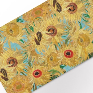 May include: A painting of a field of sunflowers in various shades of yellow, orange, and brown. The sunflowers are arranged in a diagonal pattern, with some facing the viewer and others facing away. The background is a light blue sky.