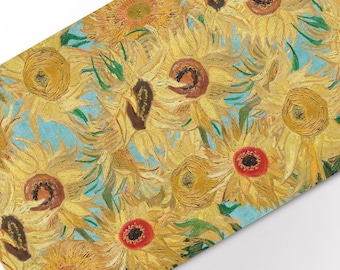Linen Table Runner, Van Gogh Sunflowers Print, Blue Yellow Tabletop