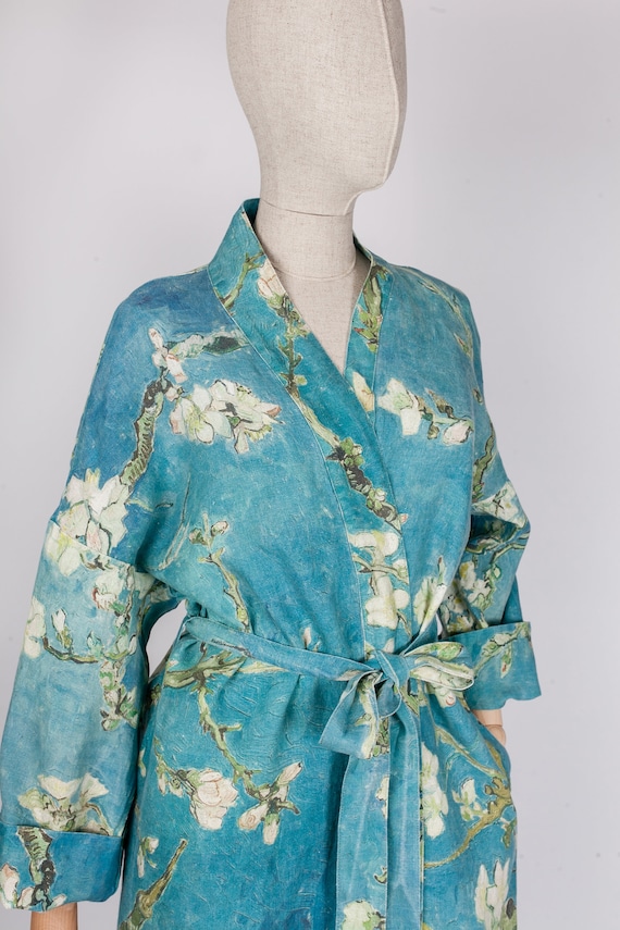 Women bathrobe, Van Gogh, kimono robe, kimono cardigan, bathrobe, Almond blossom, bridesmaid gift, linen, Linen bathrobe, 100% linen