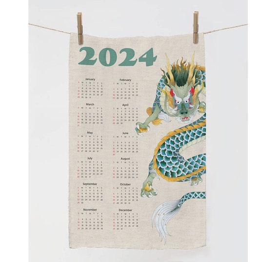 2024 Calendar Towel, Dragon towel, 2024 dragon year, Cat towel, Zodiac Tea Towel, linen towel, 100% linen