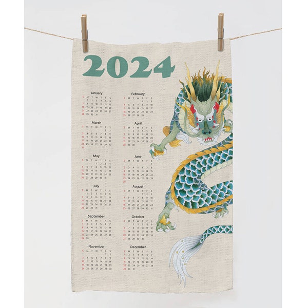 Serviette calendrier 2024, serviette dragon, année du dragon 2024, serviette chat, torchon zodiaque, serviette en lin, 100 % lin