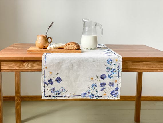 Linen table runner, Cornflowers, 100% linen, table runner, coffee table runner, table cover, art on linen