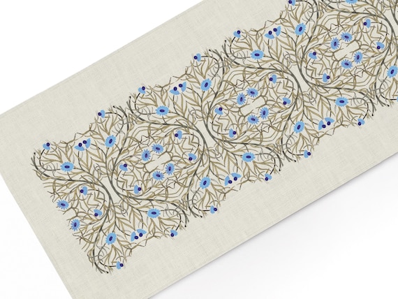 William De Morgan, Table Runner, Blue Edition,  100% linen, vintage table top.