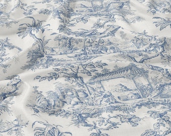 May include: Blue and white toile fabric with a repeating pattern of trees, houses, and figures. The fabric has a linen texture.