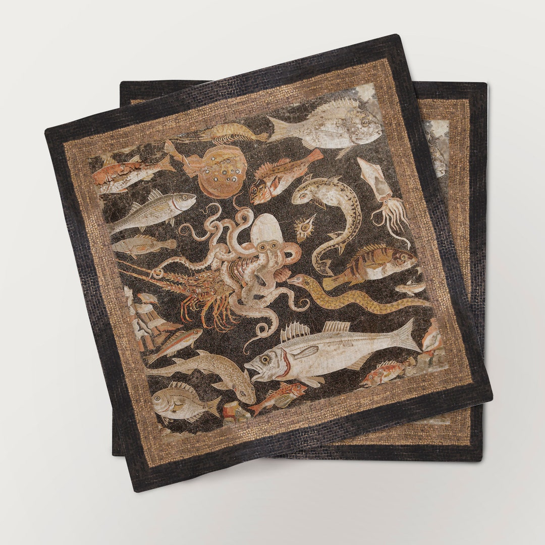 Napkins Set, Mosaic From Pompeii, Octopus, Vintage Ornaments, 100