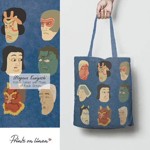 Tote bag, Japanese Masks, tote bag pattern, Japanese tote bag, Tote bag for women, linen tote bag, linen bag