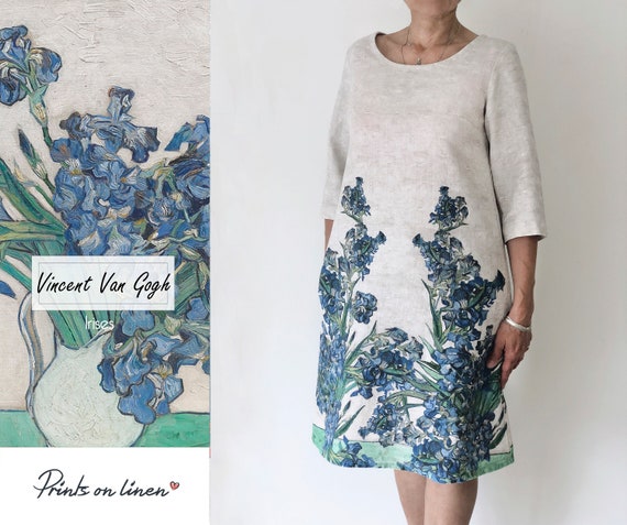Van Gogh, Linen dress, Irises, Plus size dress, linen women dress, short sleeves dress, summer dress, hand made dress