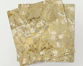 Serviettes de table, fleurs d'amandier, Van Gogh, serviettes en tissu, serviettes en lin dorées