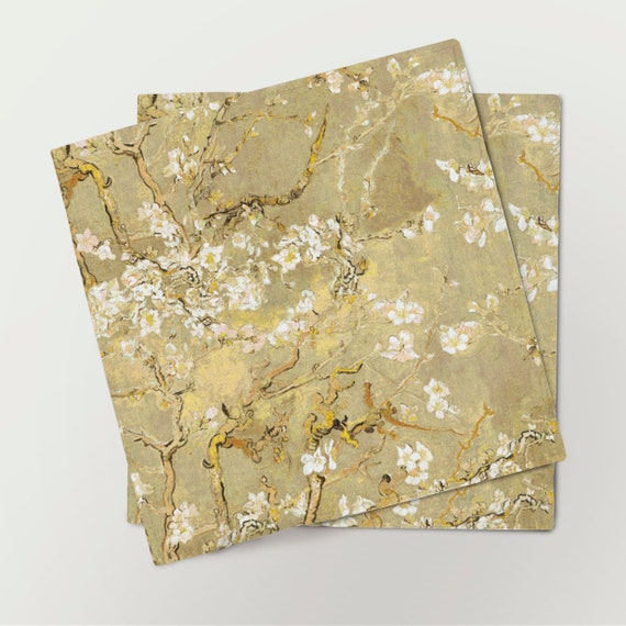 Napkins, Almond Blossom, Van Gogh, fabric napkins, gold linen napkins