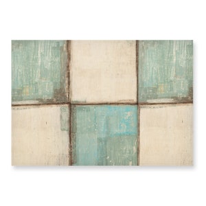 Puede incluir: Pintura abstracta con un patr&oacute;n de tablero de ajedrez en tonos de azul, verde y blanco.