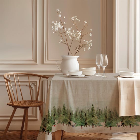 Weihnachtliche Tischdecke aus Leinen, Pfoten im Schnee, Festliche Tischdekoration, 100 % beige Leinen