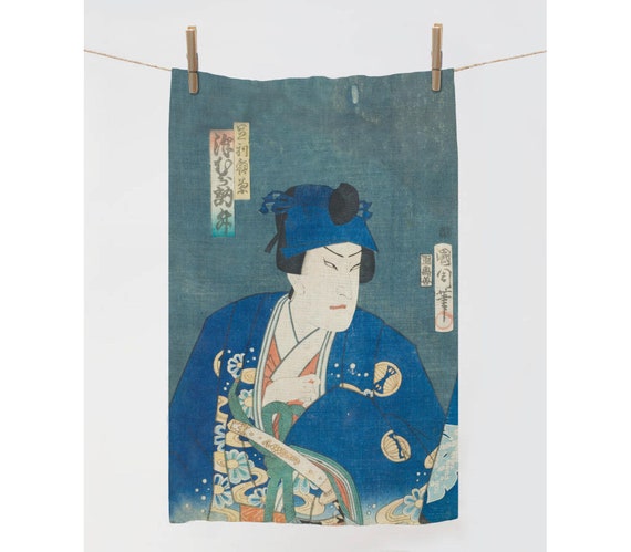 Linen towel, The Actor Sawamura Tosshō II as Ashikaga Yorikane by Toyohara Kunichika Linen towel, Kitchen towel, Japanese towel