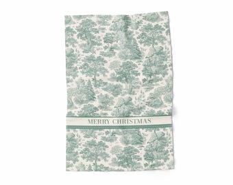 Christmas Linen Kitchen Towel, Toile Pine, Handmade
