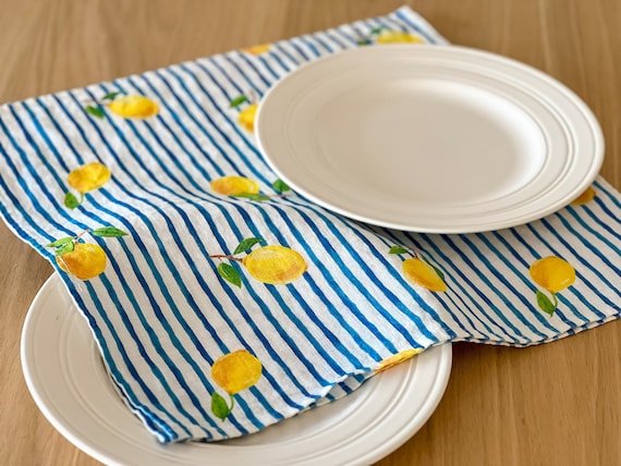Napkins set, Fresh Summrt, linen napkins, 100% linen, lemon print, wedding napkins, Eclectic napkins, blue stripes napkins
