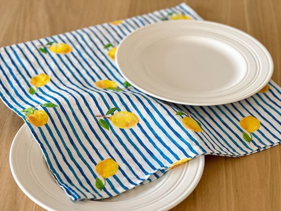 Napkins set, Fresh Summrt, linen napkins, 100% linen, lemon print, wedding napkins, Eclectic napkins, blue stripes napkins