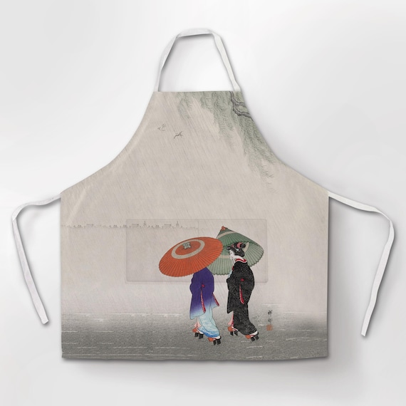 Linen apron, Two Women in Rain, Ohara Koson, 100% linen fabric, Japanese apron, Japanese print