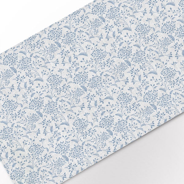 Chemin de table, Toile Meadow, chemin de table en lin, motif fleurs bleues, chemin de table en lin bleu blanc, 100 % lin