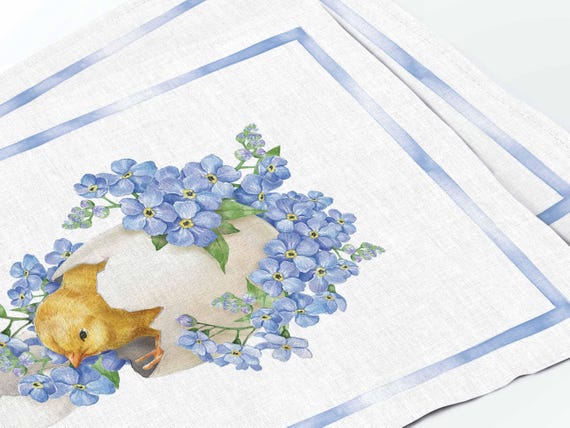 Placemats set, Easter Chicken, linen placemats, Easter placemats, 100% linen, purple flowers and white eggs print