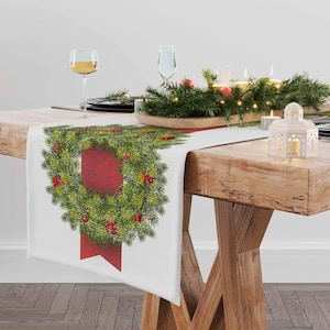 Table runner, Christmas Wreath, Red decorations, Snowflakes, Holiday decor, linen table runner, Christmas table top