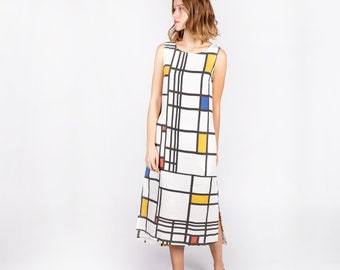 Kleid zur Wadenmitte, Piet Mondrian, Leinenkleid für Frauen, asymmetrisches Kleid, Leinenkleid, 100% Leinen