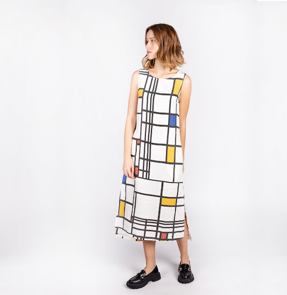 Mid-calf dress, Piet Mondrian, Linen women dress,  asymmetric dress, linen dress, 100% linen