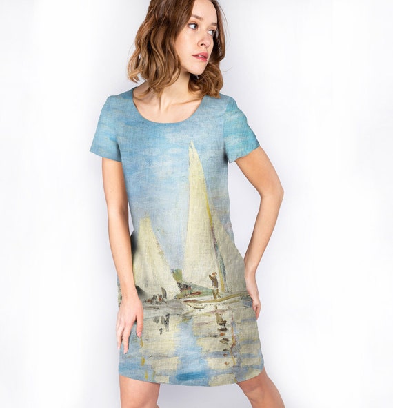 Linen Dress Regatta at Argenteuil Claude Monet Beach Dress Holiday Dress Linen Summer Dress Etsy