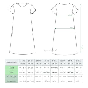 May include: A line drawing of a dress with measurements in inches and centimeters for different sizes. The dress has a round neckline, short sleeves, and a slightly asymmetrical hemline. The measurements include chest, hips, front length, and back length.
