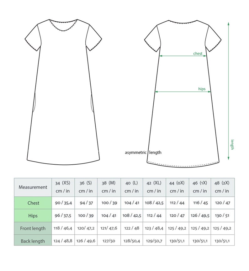 May include: A line drawing of a dress with measurements in inches and centimeters for different sizes. The dress has a round neckline, short sleeves, and a slightly asymmetrical hemline. The measurements include chest, hips, front length, and back length.